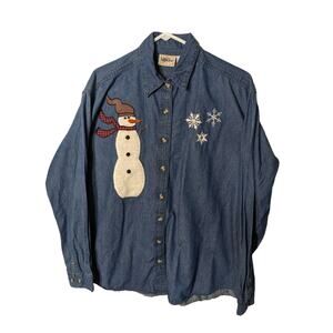 Vintage Embroidered Embellished Christmas Snowman Snowflake Denim Size Large